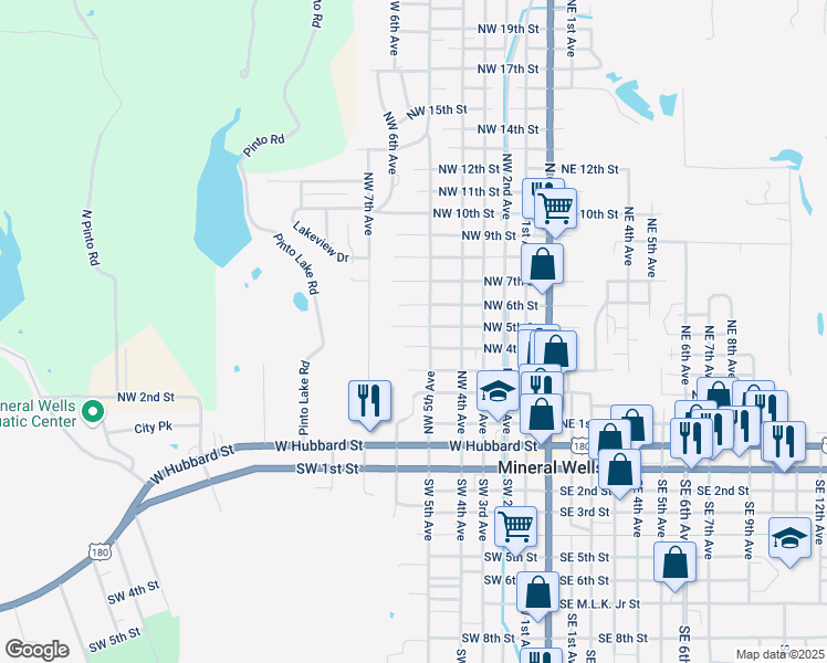 map of restaurants, bars, coffee shops, grocery stores, and more near 613 Northwest 5th Street in Mineral Wells