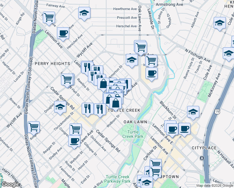 map of restaurants, bars, coffee shops, grocery stores, and more near 3509 Oak Lawn Avenue in Dallas