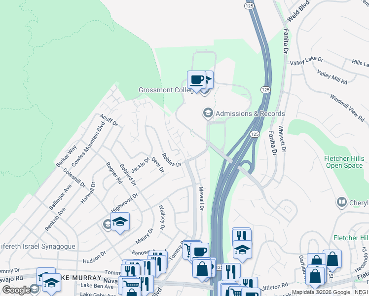 map of restaurants, bars, coffee shops, grocery stores, and more near 9254 Lake Murray Boulevard in San Diego