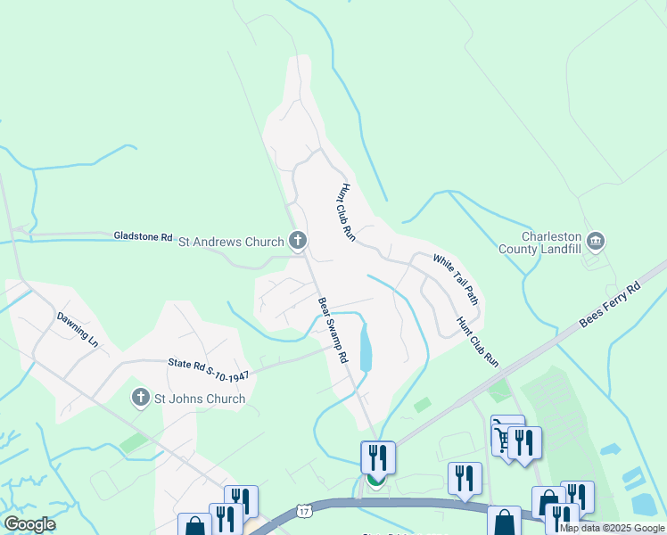 map of restaurants, bars, coffee shops, grocery stores, and more near 752 Bear Swamp Road in Johns Island