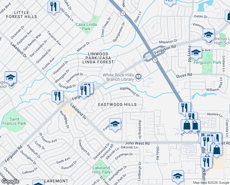 map of restaurants, bars, coffee shops, grocery stores, and more near 9019 Fringewood Drive in Dallas