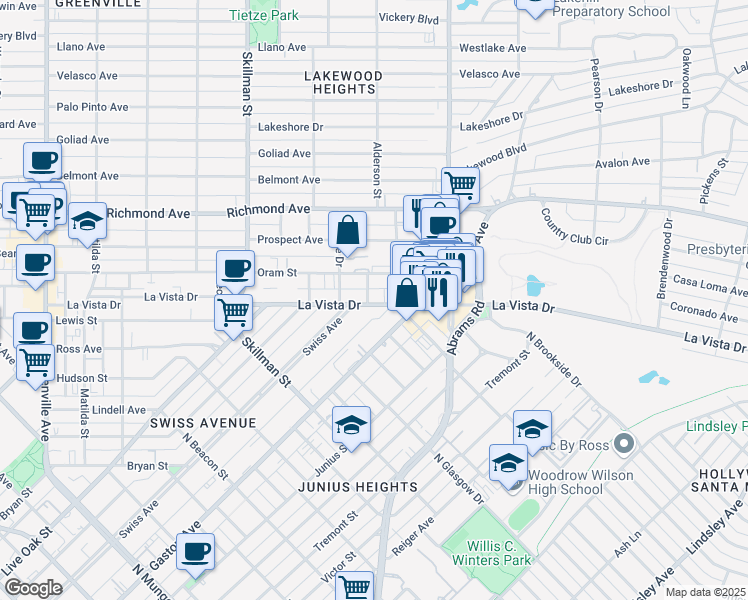 map of restaurants, bars, coffee shops, grocery stores, and more near 6224 La Vista Drive in Dallas