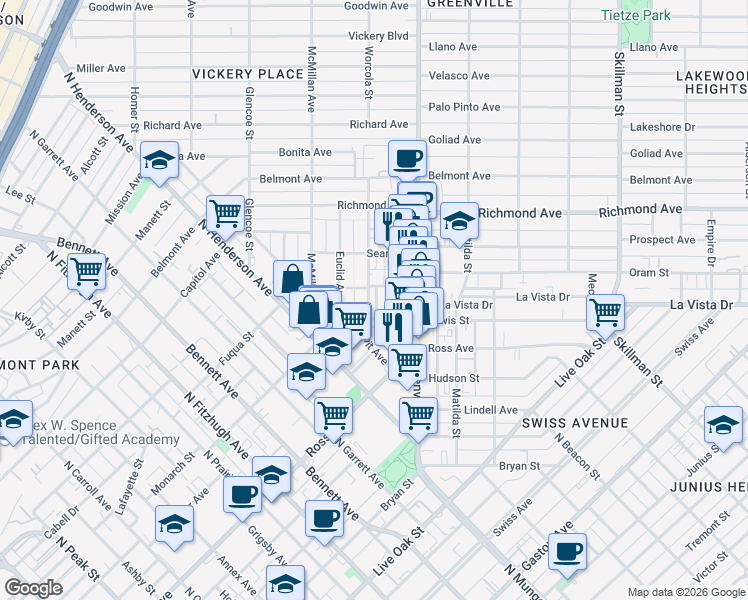 map of restaurants, bars, coffee shops, grocery stores, and more near 1847 Summit Avenue in Dallas