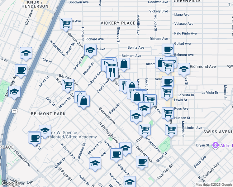 map of restaurants, bars, coffee shops, grocery stores, and more near 2110 Moser Avenue in Dallas