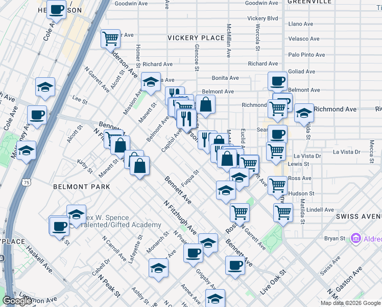 map of restaurants, bars, coffee shops, grocery stores, and more near 5171 Garrett Field Court in Dallas