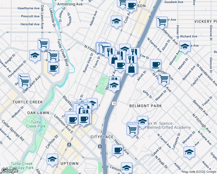 map of restaurants, bars, coffee shops, grocery stores, and more near 4025 North Central Expressway in Dallas