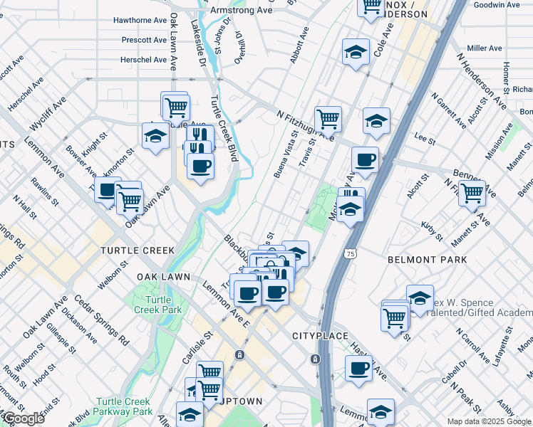 map of restaurants, bars, coffee shops, grocery stores, and more near 3943 Travis Street in Dallas