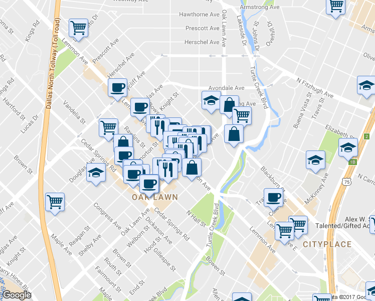 map of restaurants, bars, coffee shops, grocery stores, and more near 3509 Oak Lawn Avenue in Dallas