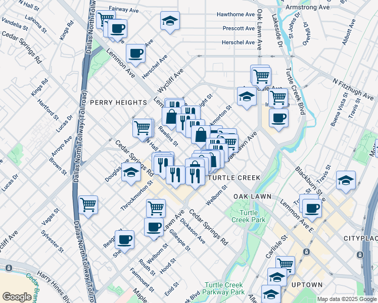 map of restaurants, bars, coffee shops, grocery stores, and more near 3917 Rawlins Street in Dallas