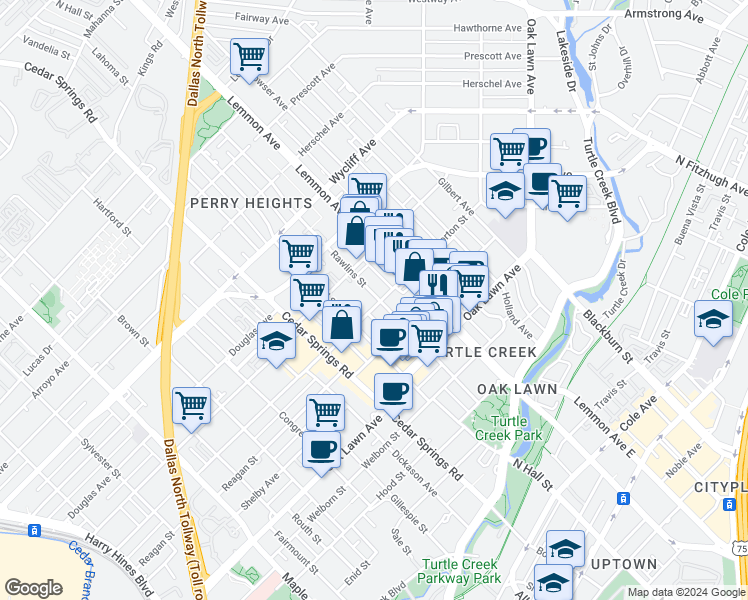 map of restaurants, bars, coffee shops, grocery stores, and more near 3917 Rawlins Street in Dallas