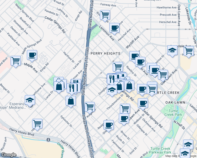 map of restaurants, bars, coffee shops, grocery stores, and more near 2906 Wycliff Avenue in Dallas