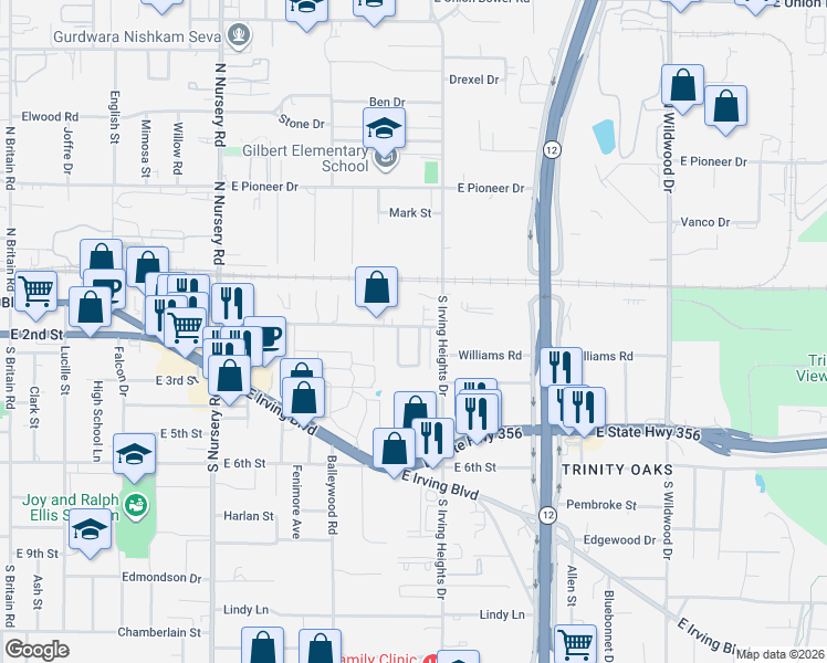 map of restaurants, bars, coffee shops, grocery stores, and more near 206 Lydia Circle in Irving