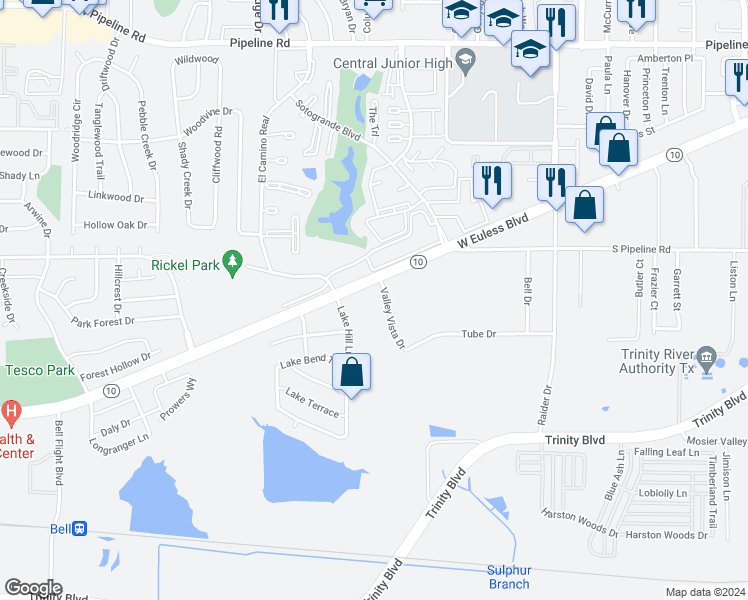 map of restaurants, bars, coffee shops, grocery stores, and more near 3610 Lake Hill Lane in Hurst