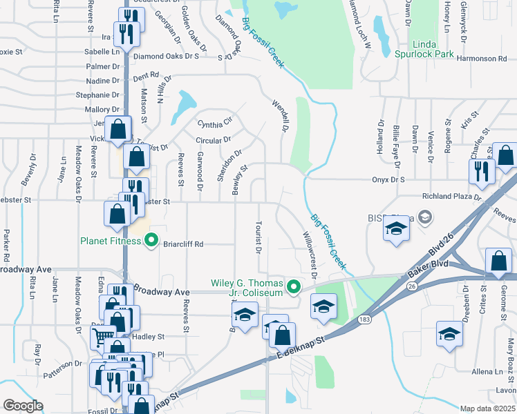map of restaurants, bars, coffee shops, grocery stores, and more near 3432 Bewley Street in Haltom City