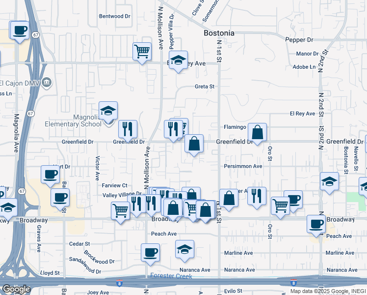 map of restaurants, bars, coffee shops, grocery stores, and more near 1271 Lyons Lane in El Cajon