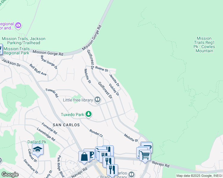map of restaurants, bars, coffee shops, grocery stores, and more near 7584 Volclay Drive in San Diego