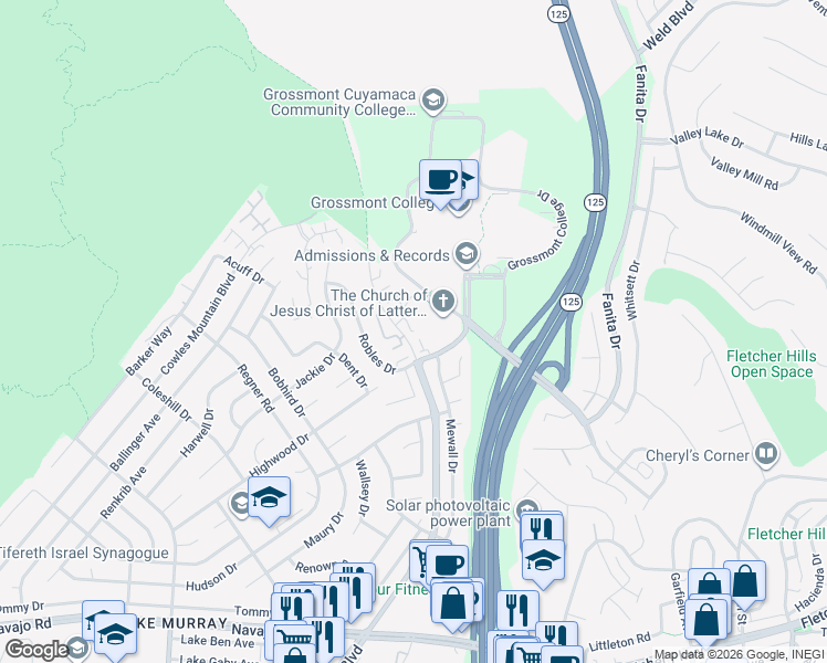 map of restaurants, bars, coffee shops, grocery stores, and more near 9279 Lake Murray Boulevard in San Diego