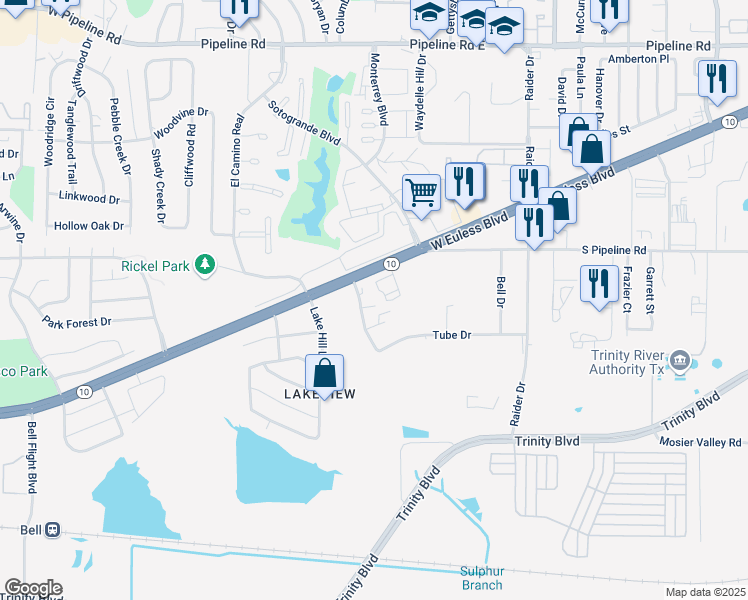 map of restaurants, bars, coffee shops, grocery stores, and more near 3600 Valley Vista Drive in Hurst