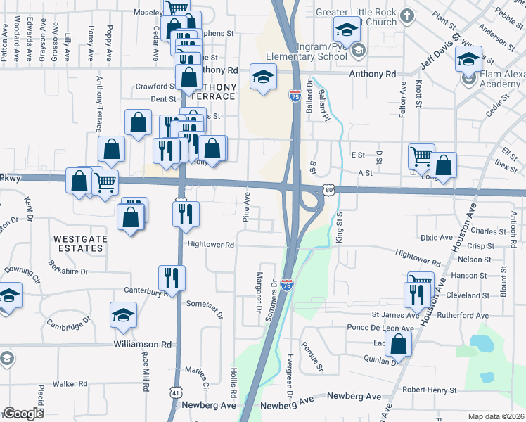 map of restaurants, bars, coffee shops, grocery stores, and more near 1063 Violet Street in Macon