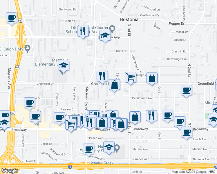 map of restaurants, bars, coffee shops, grocery stores, and more near 1273 Lyons Lane in El Cajon