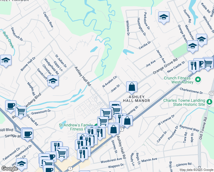 map of restaurants, bars, coffee shops, grocery stores, and more near 1541 North Avalon Circle in Charleston