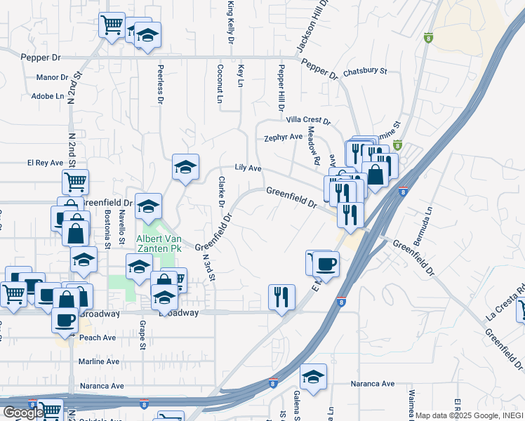 map of restaurants, bars, coffee shops, grocery stores, and more near 1593 Soma Place in El Cajon