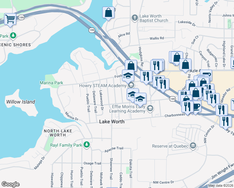 map of restaurants, bars, coffee shops, grocery stores, and more near 3920 Caddo Trail in Fort Worth