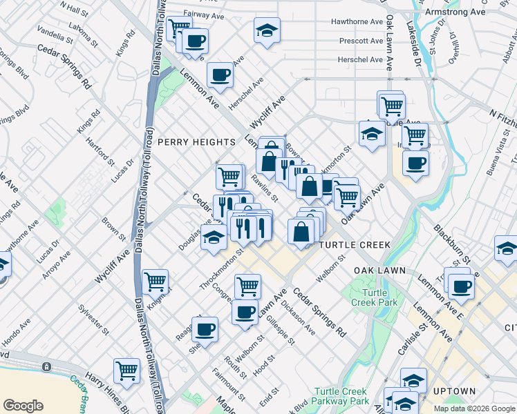 map of restaurants, bars, coffee shops, grocery stores, and more near 4040 North Hall Street in Dallas