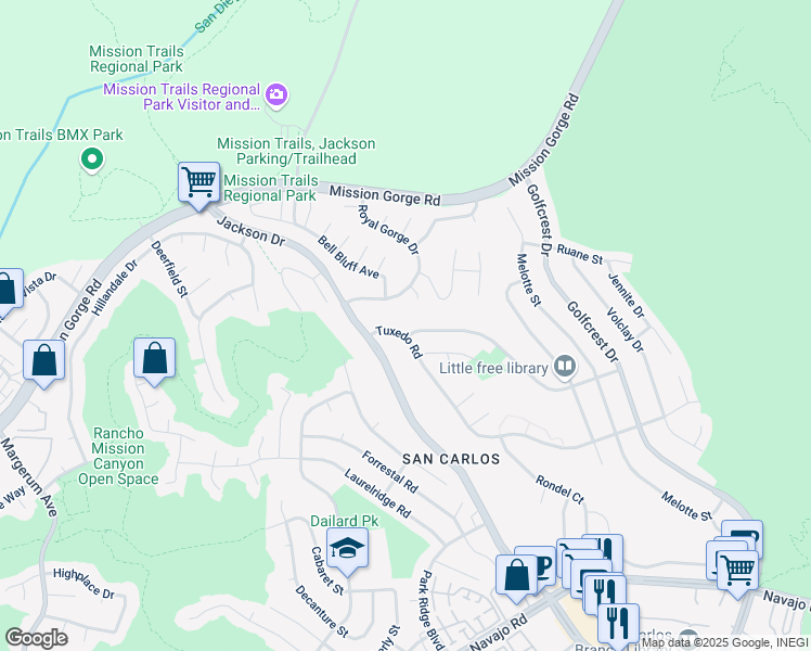 map of restaurants, bars, coffee shops, grocery stores, and more near 6650 Tuxedo Road in San Diego