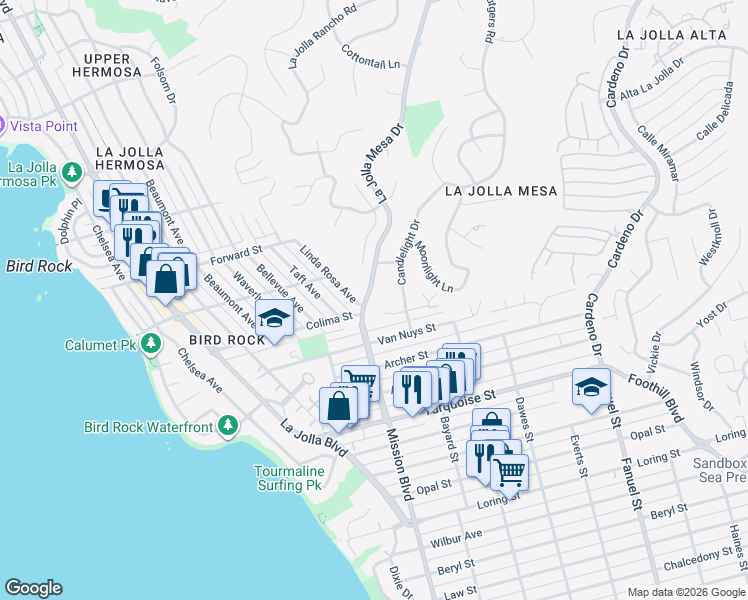 map of restaurants, bars, coffee shops, grocery stores, and more near 5401 La Jolla Mesa Drive in San Diego