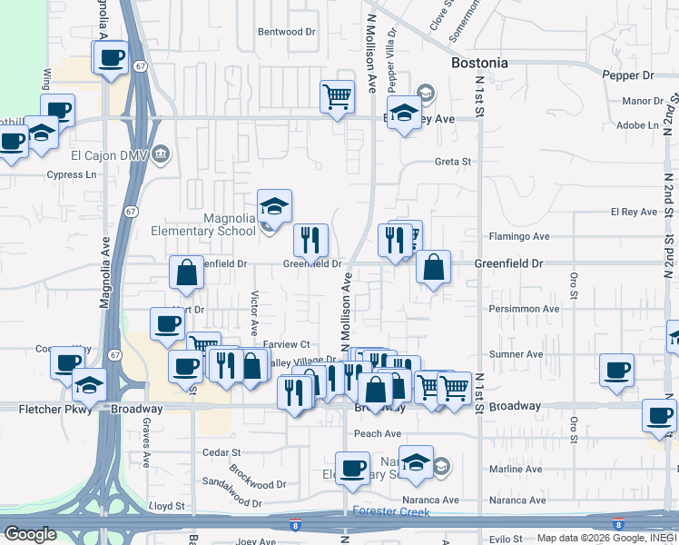 map of restaurants, bars, coffee shops, grocery stores, and more near 1265 Pierre Way in El Cajon