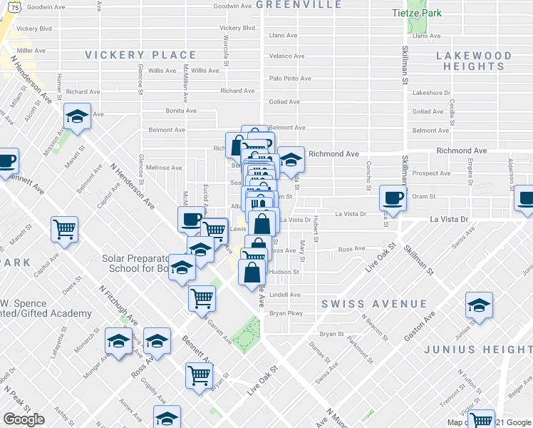 map of restaurants, bars, coffee shops, grocery stores, and more near 5511 Hope Street in Dallas