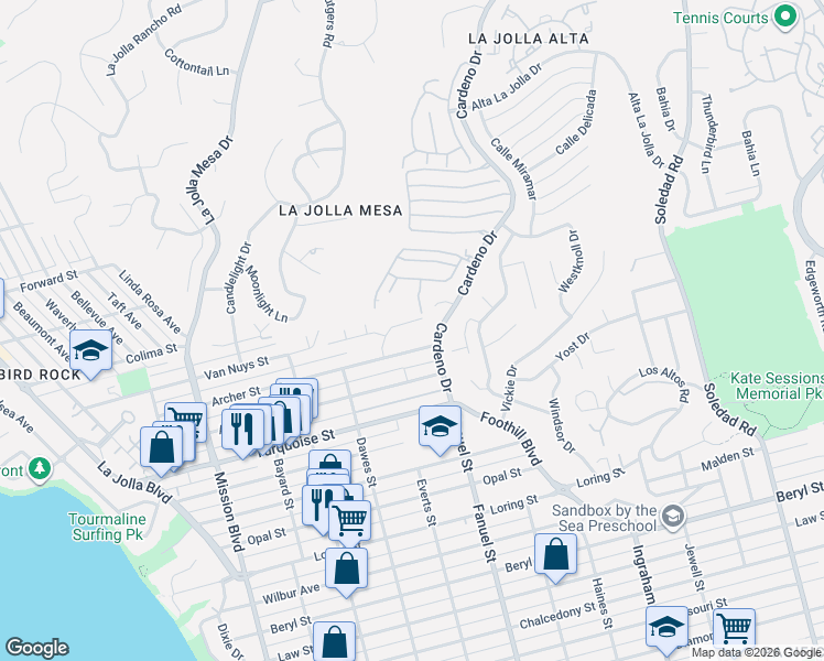 map of restaurants, bars, coffee shops, grocery stores, and more near 1214 Archer Street in San Diego