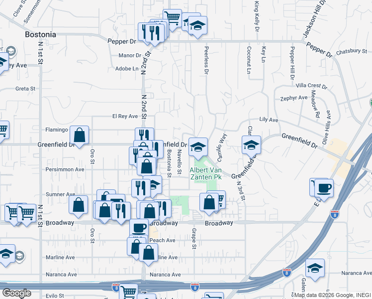 map of restaurants, bars, coffee shops, grocery stores, and more near 1255 Navello Street in El Cajon