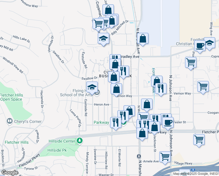 map of restaurants, bars, coffee shops, grocery stores, and more near 1286 Cuyamaca Street in El Cajon