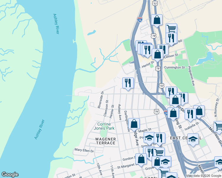 map of restaurants, bars, coffee shops, grocery stores, and more near 2298 Mount Pleasant Street in Charleston