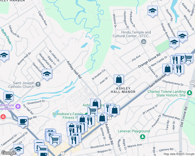 map of restaurants, bars, coffee shops, grocery stores, and more near 1538 Joan Street in Charleston