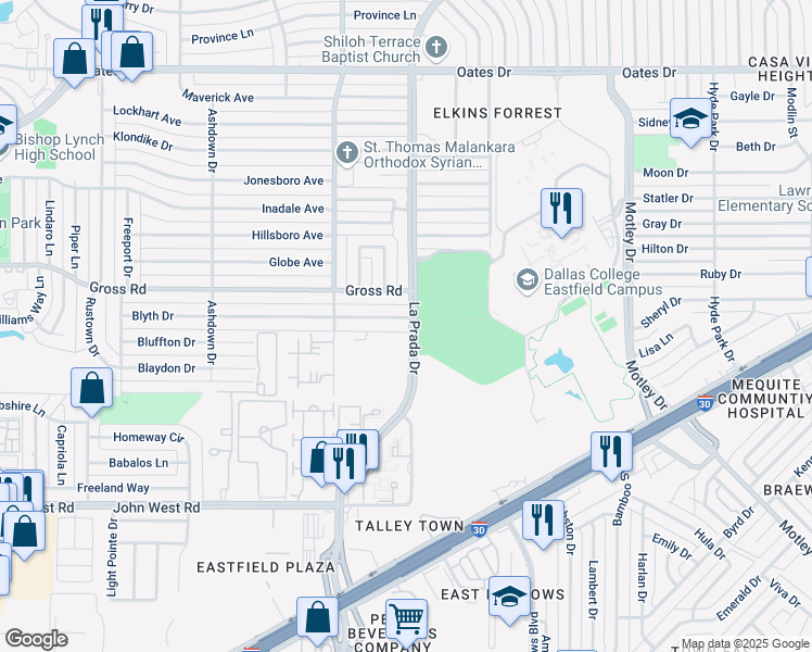 map of restaurants, bars, coffee shops, grocery stores, and more near 8757 La Prada Drive in Dallas