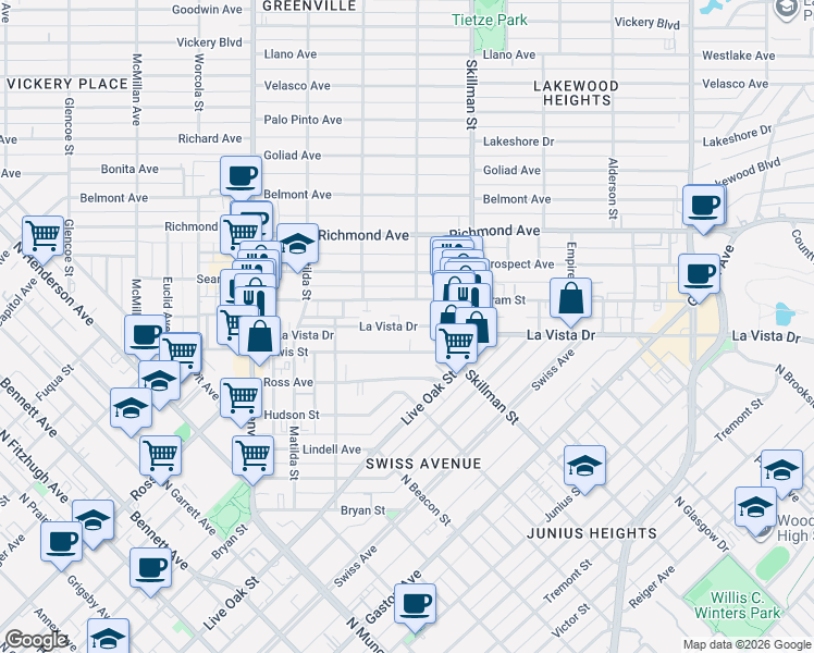 map of restaurants, bars, coffee shops, grocery stores, and more near 6013 Lewis Street in Dallas