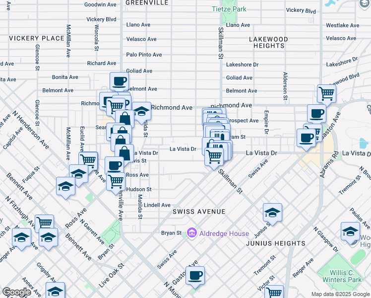 map of restaurants, bars, coffee shops, grocery stores, and more near 5945 Lewis Street in Dallas
