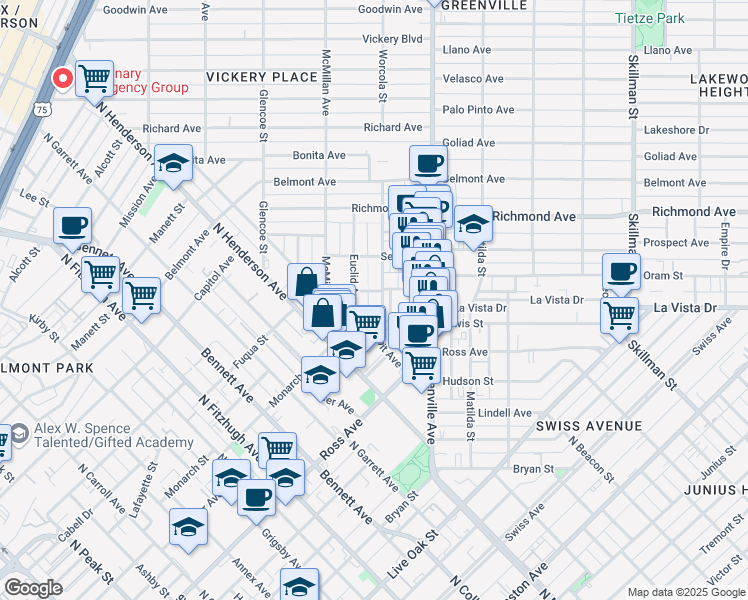 map of restaurants, bars, coffee shops, grocery stores, and more near 1847 Summit Avenue in Dallas