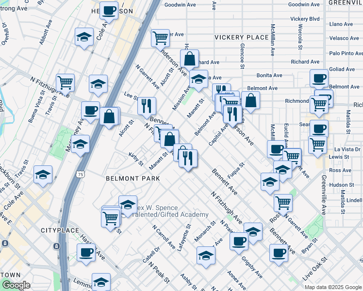 map of restaurants, bars, coffee shops, grocery stores, and more near 2500 North Fitzhugh Avenue in Dallas