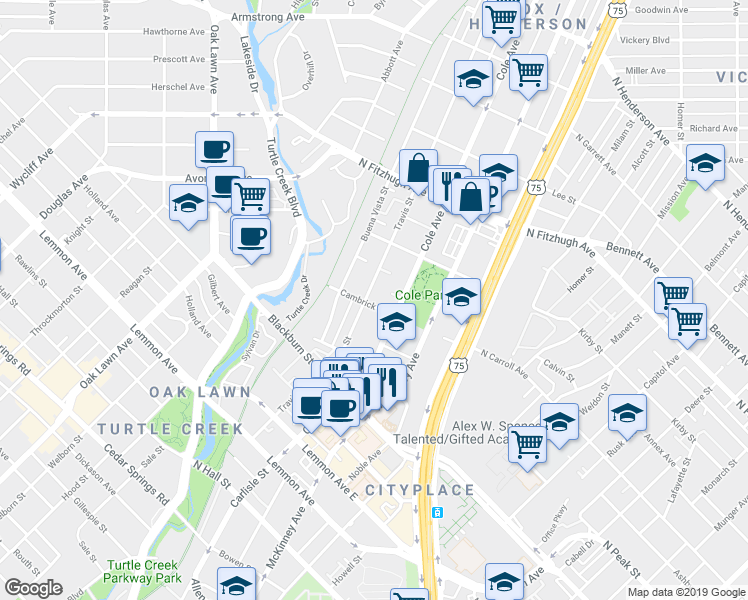 map of restaurants, bars, coffee shops, grocery stores, and more near 3963 Cole Avenue in Dallas