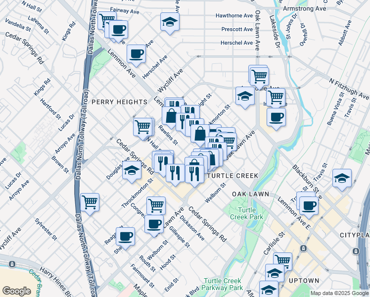 map of restaurants, bars, coffee shops, grocery stores, and more near 3917 Rawlins Street in Dallas