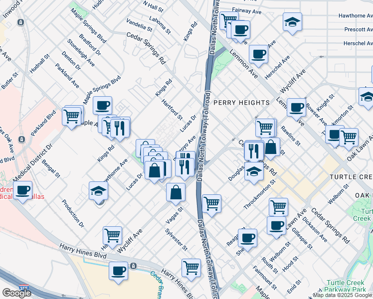 map of restaurants, bars, coffee shops, grocery stores, and more near 2723 Hondo Avenue in Dallas