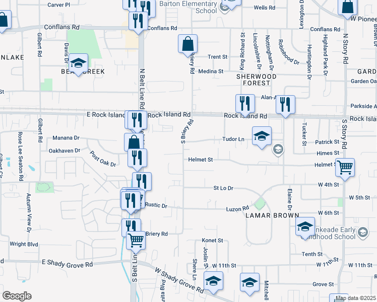 map of restaurants, bars, coffee shops, grocery stores, and more near 3221 Helmet Street in Irving