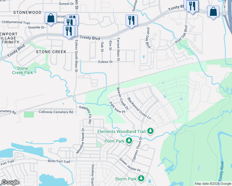 map of restaurants, bars, coffee shops, grocery stores, and more near 1815 Spotted Fawn Drive in Euless