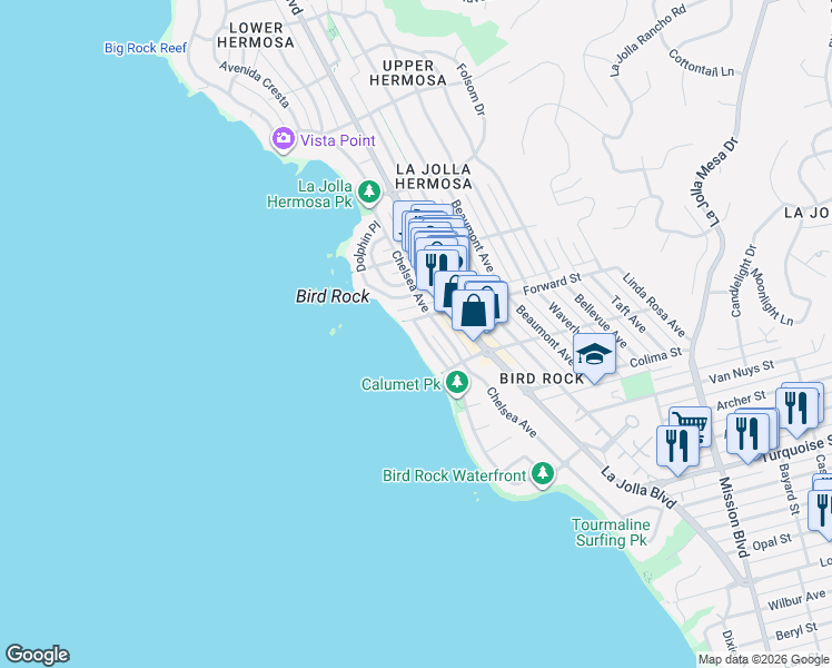 map of restaurants, bars, coffee shops, grocery stores, and more near 5570 Calumet Avenue in San Diego