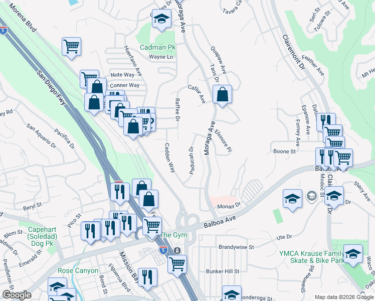 map of restaurants, bars, coffee shops, grocery stores, and more near 4010 Paducah Drive in San Diego