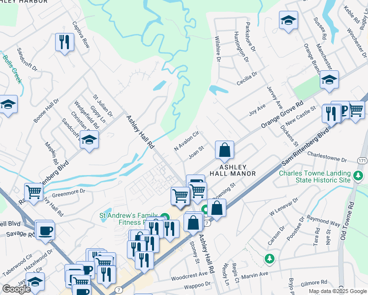 map of restaurants, bars, coffee shops, grocery stores, and more near 1538 Joan Street in Charleston